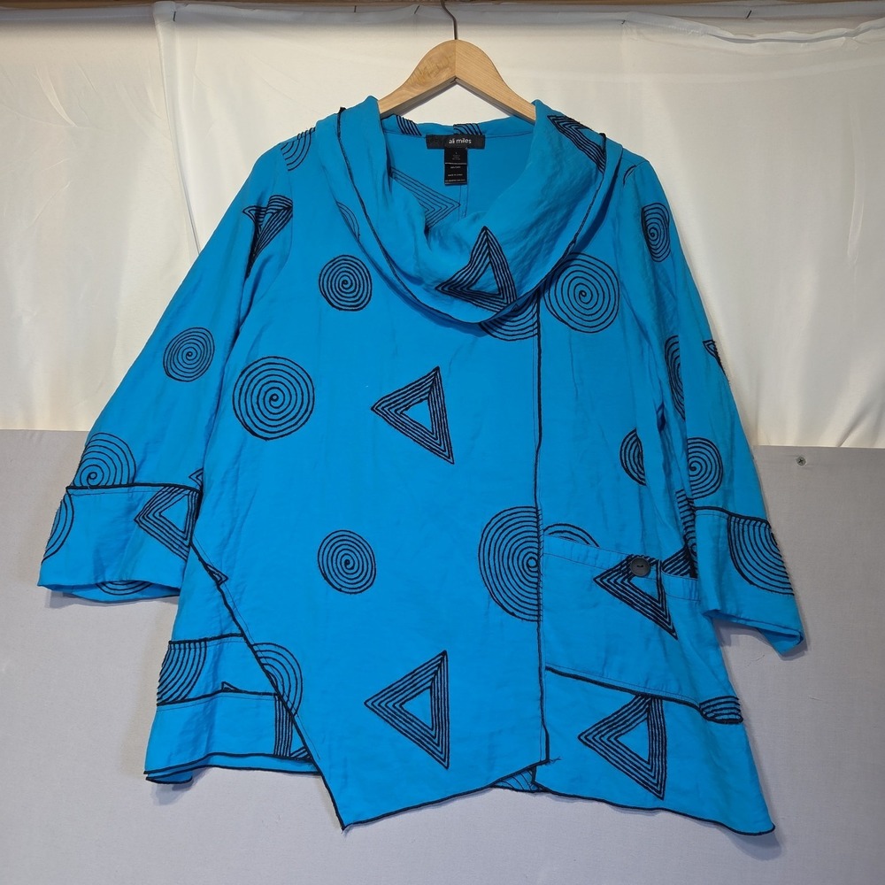 Ali Miles L Turquoise Asymmetrical Tunic Top Cowl Neck Geometric Artsy Lagenlook